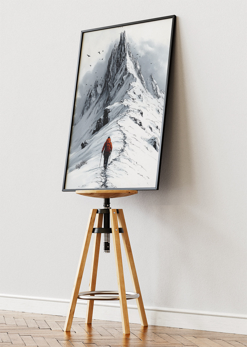 Lone Hiker on Snowy Peak – Minimalist Mountain Adventure Wall Art Poster & Canvas – AI PRINT LAB