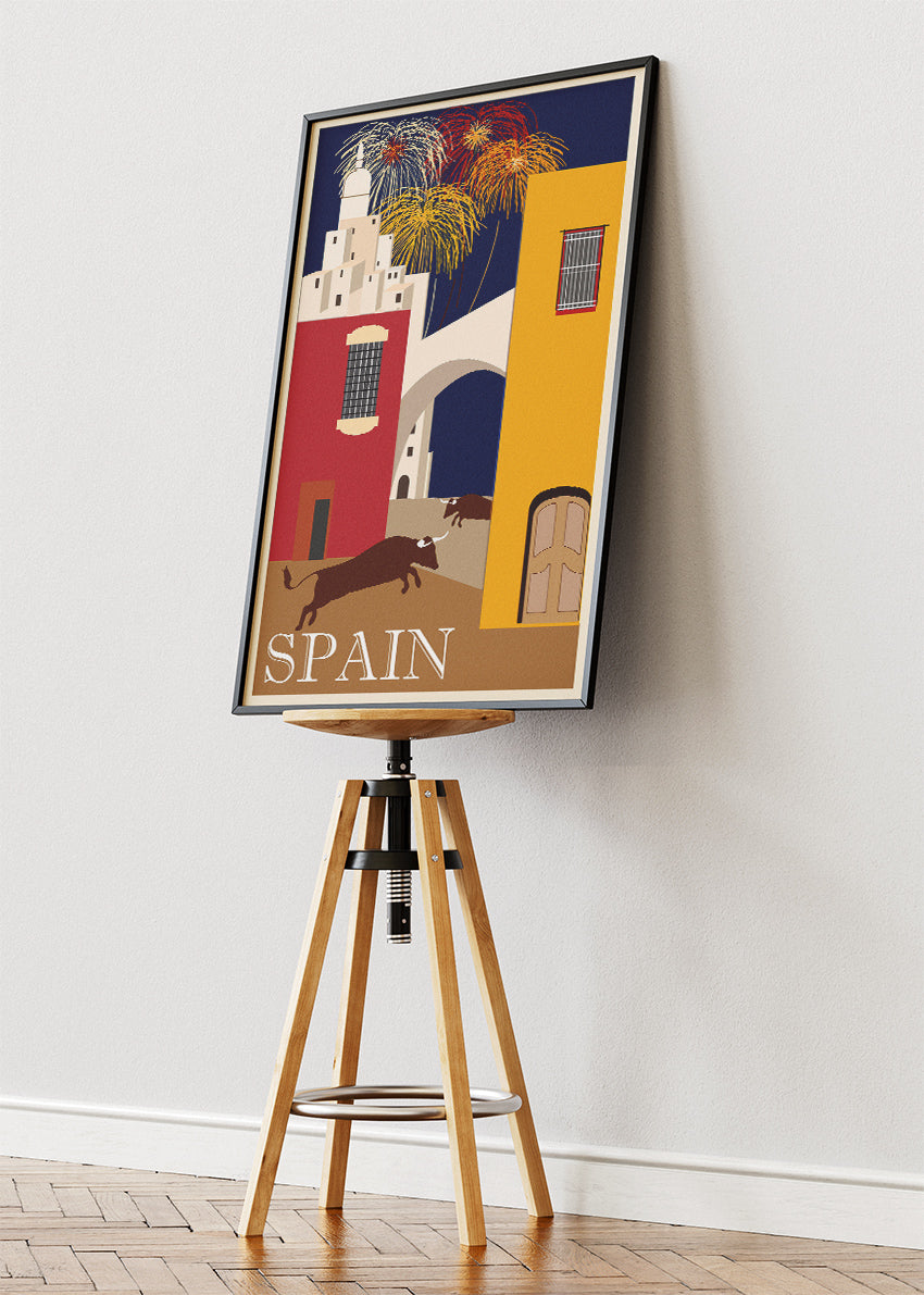 Spain Travel Poster & Canvas Print – Vintage Bull Run Illustration Art