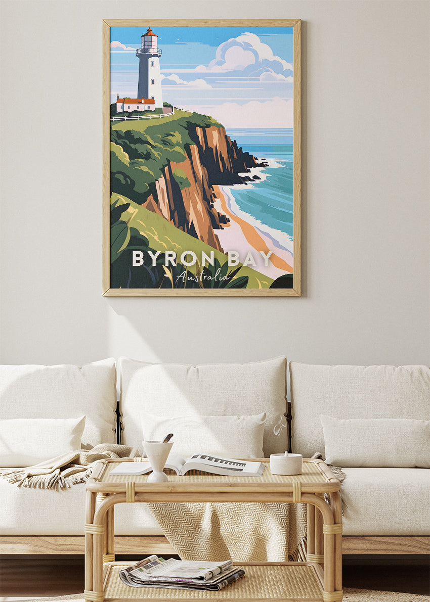 Byron Bay Australia Travel Poster & Canvas Wall Art – Lighthouse Coastal Cliff Illustration Print
