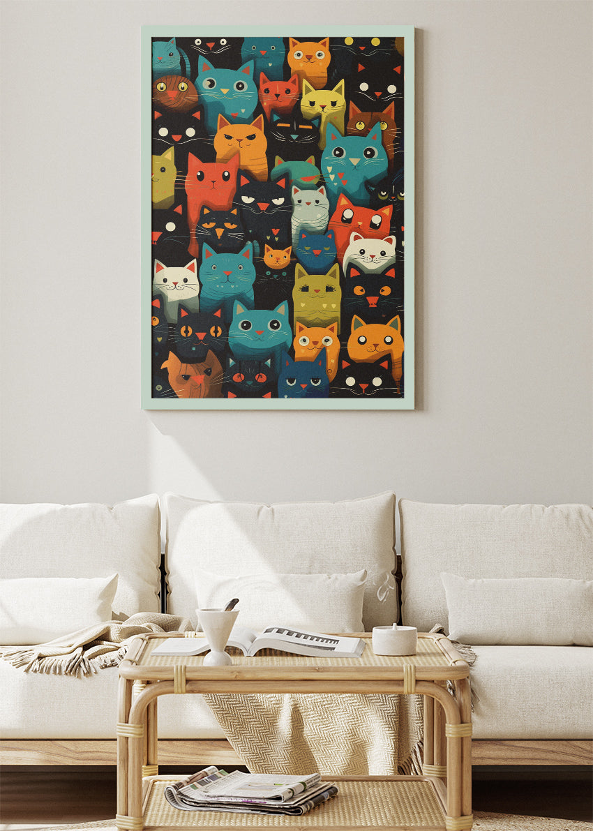 Colorful Cartoon Cats Wall Art Poster & Canvas Print – Playful Feline Pattern Illustration
