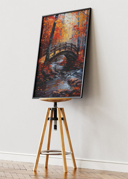 Autumn Woodland Bridge – Warm Forest Stream Canvas & Poster Print – AI PRINT LAB