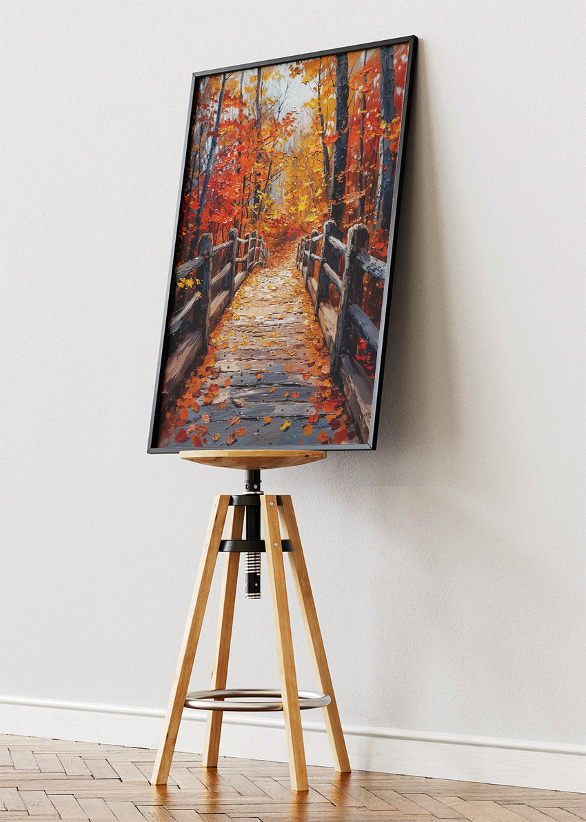 Autumn Boardwalk Path – Rustic Fall Forest Canvas & Poster Print – AI PRINT LAB