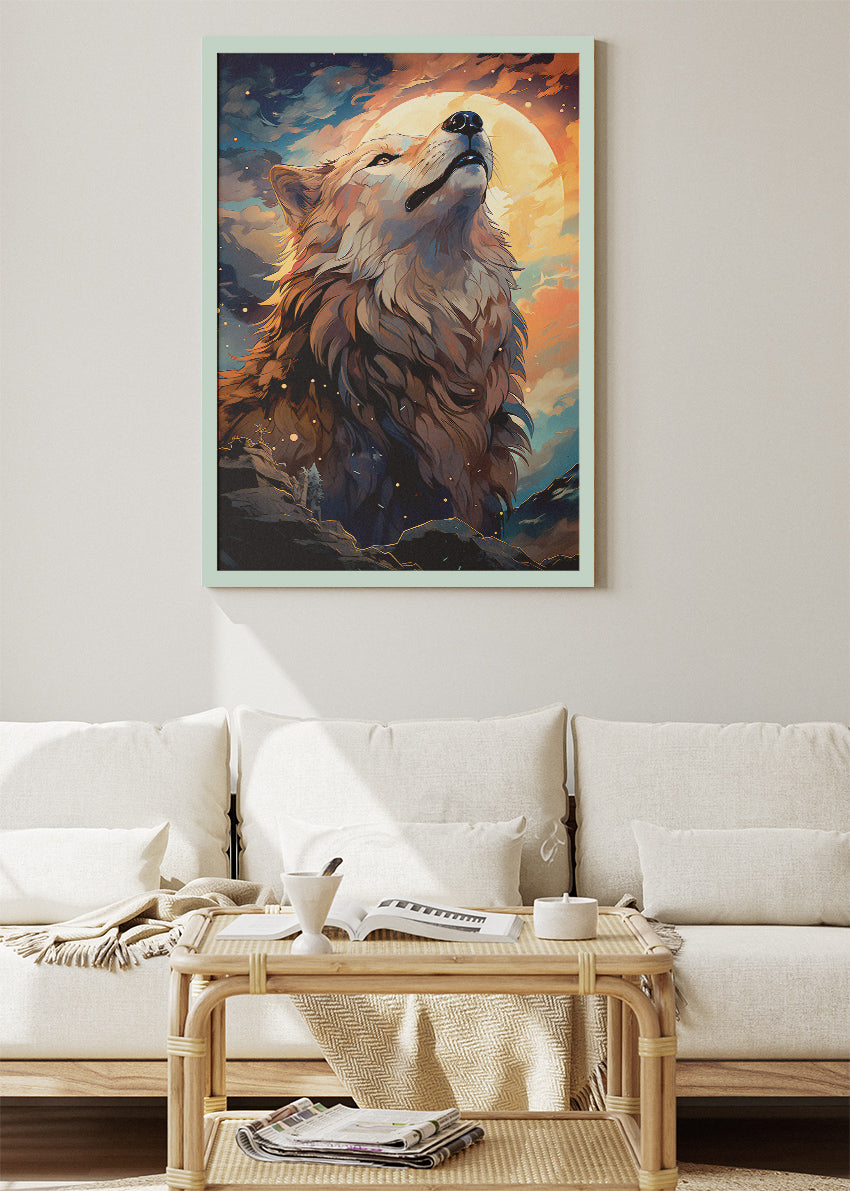 Majestic Wolf Under Moonlight Wall Art Poster & Canvas Print – Fantasy Wildlife Illustration