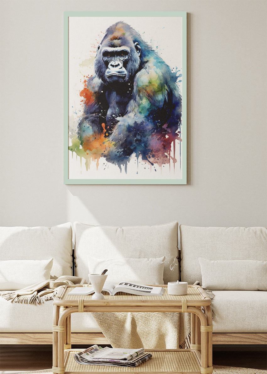 Powerful Gorilla Watercolor Wall Art Poster & Canvas Print – Wildlife Portrait