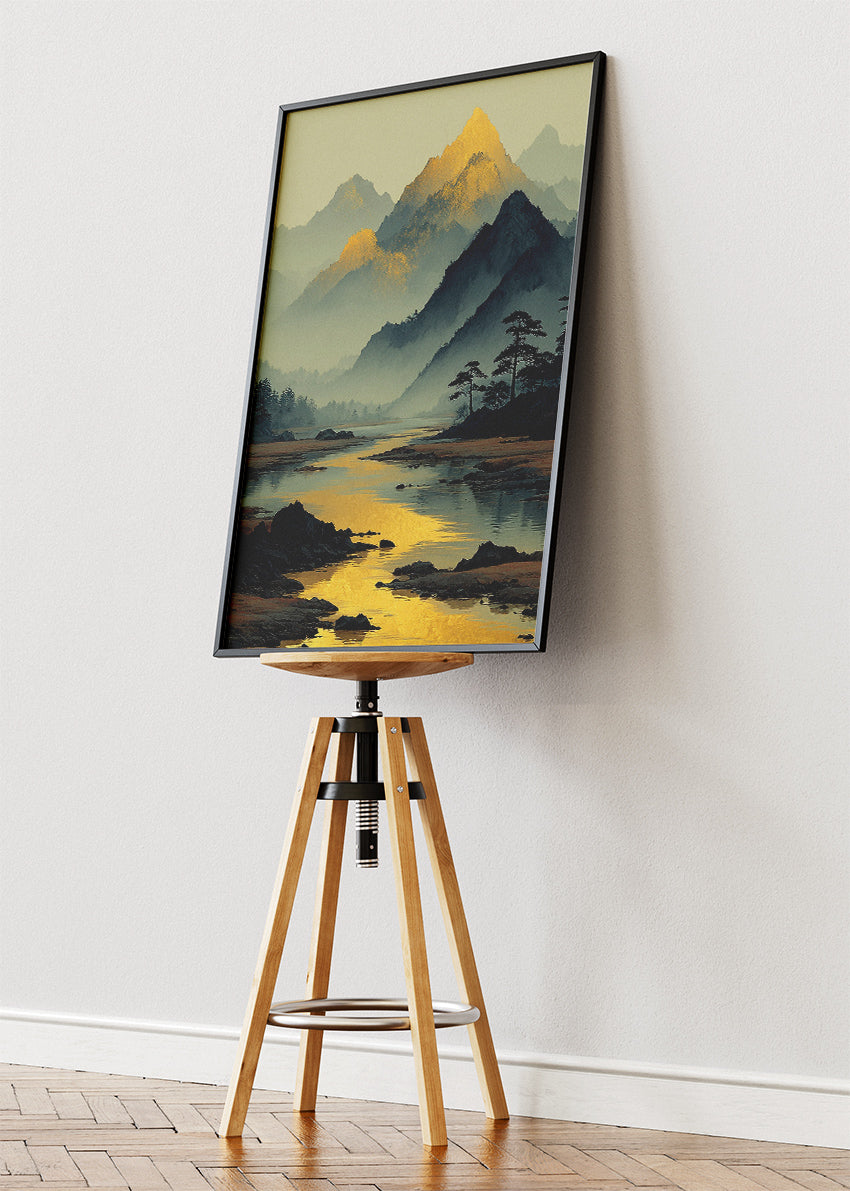 Golden Mountain Reflection – Tranquil River Landscape Canvas & Poster Print – AI PRINT LAB