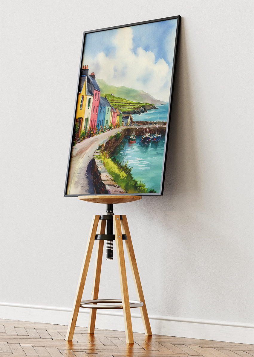 Colorful Coastal Village Harbor – Seaside Town Canvas & Poster Print – AI PRINT LAB