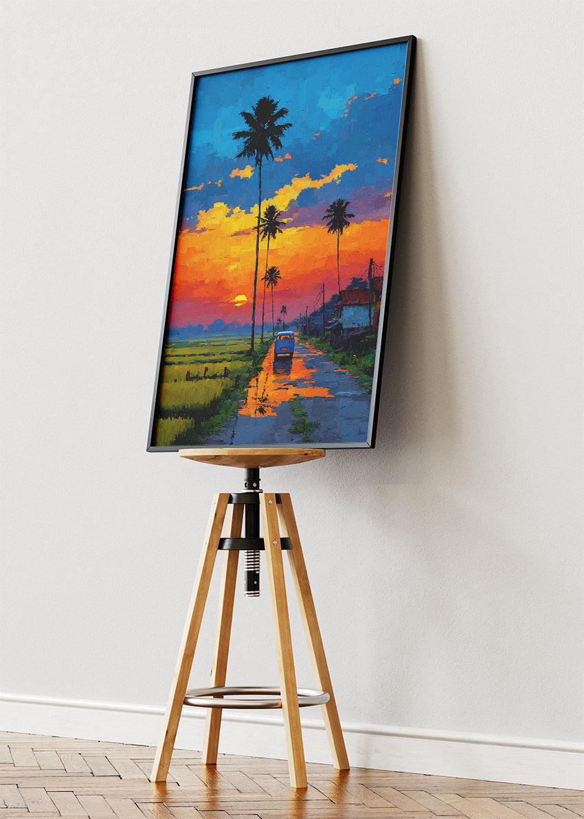 Tropical Sunset Road with Palm Trees – Vibrant Evening Landscape Canvas & Poster Print – AI PRINT LAB