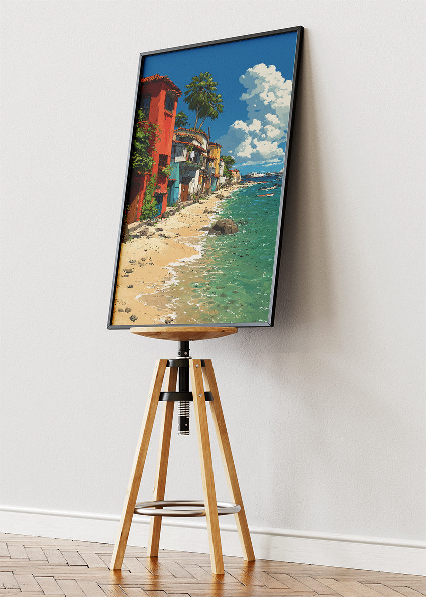 Mediterranean Seaside Village – Coastal Beach Houses Canvas & Poster Print – AI PRINT LAB