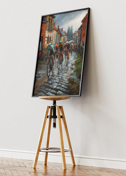 Rain-Soaked Cobblestone Cycling Race Art Print & Canvas – European Street Bicycle Wall Art