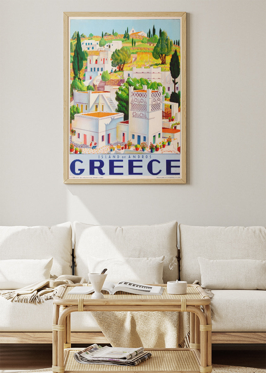 Andros Greece Illustrated Poster & Canvas Print – Colorful Island Village Travel Art