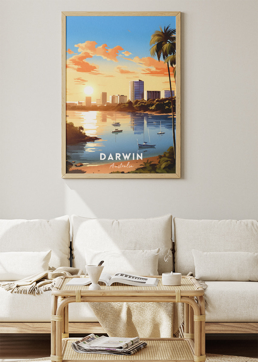 Darwin Australia Travel Poster & Canvas Wall Art – Tropical Skyline Sunset Illustration Print