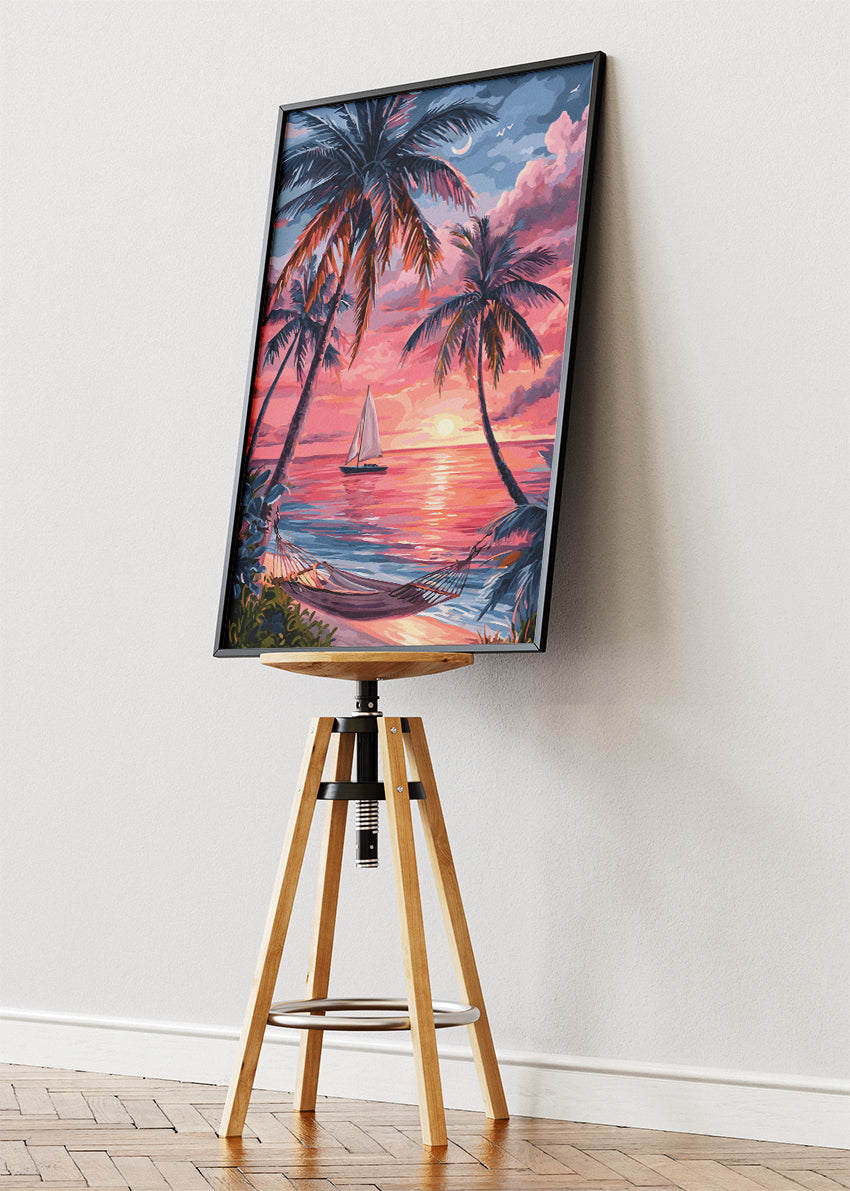 Tropical Sunset with Sailboat – Palm Tree Beach Canvas & Poster Print – AI PRINT LAB