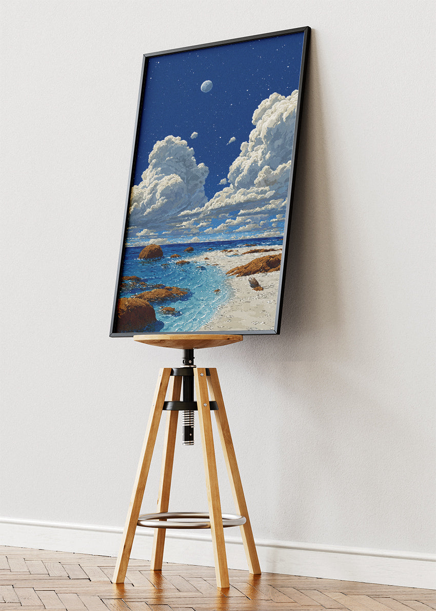 Moonlit Coastal Shore – Starry Night Ocean Canvas & Poster Print – AI PRINT LAB