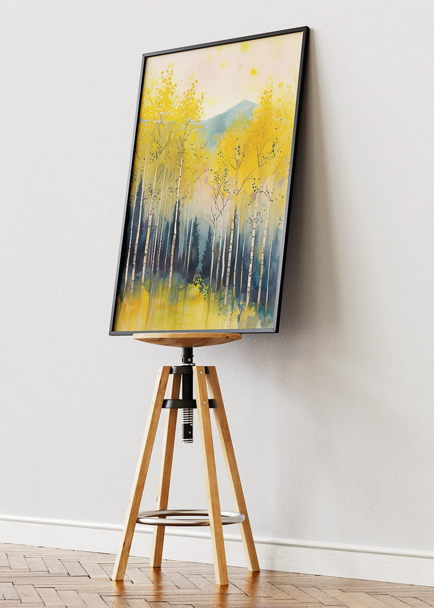 Yellow Birch Forest Wall Art – Soft Watercolour Woodland Canvas Print & Modern Nature Landscape Poster for Living Room Decor UK