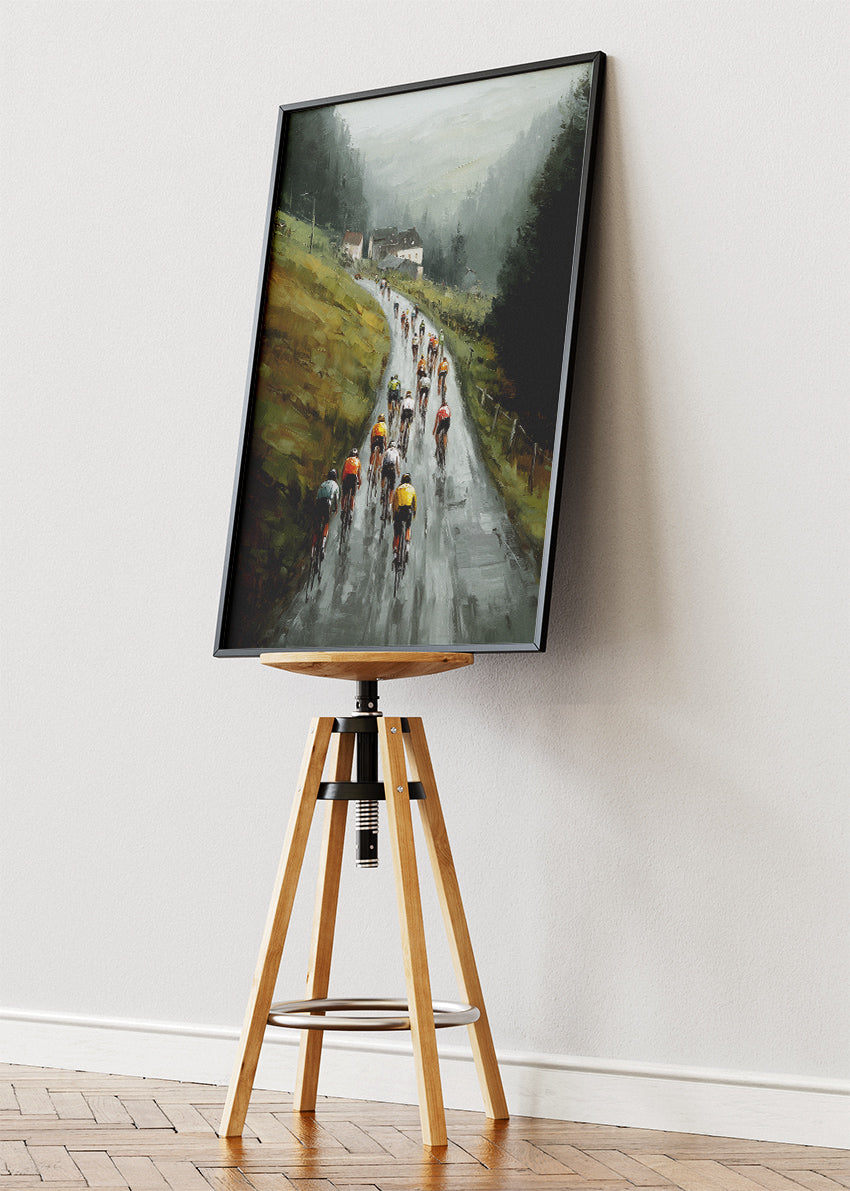 Misty Mountain Road Cycling Art Print & Canvas – Atmospheric Peloton Bicycle Wall Art