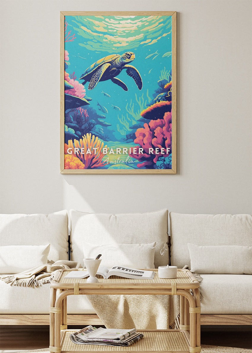 Great Barrier Reef Australia Travel Poster & Canvas Wall Art – Sea Turtle Coral Reef Illustration Print