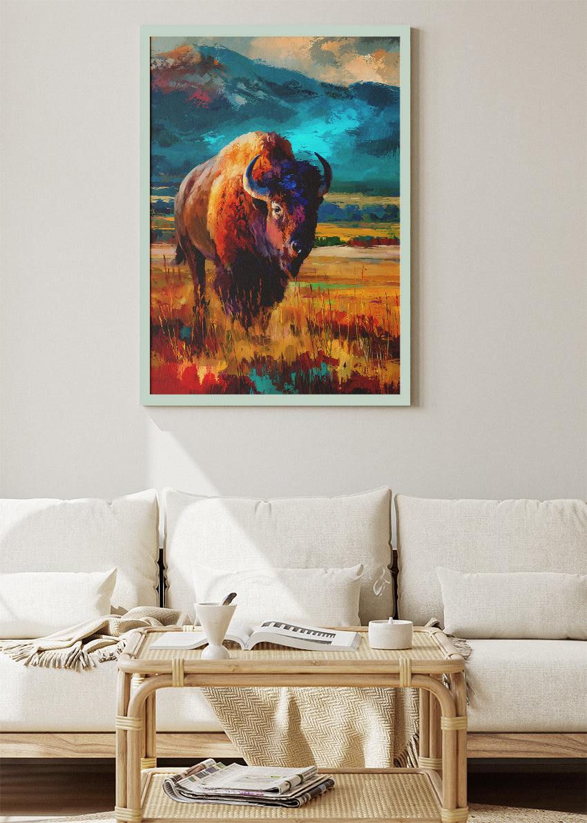 Majestic Bison Canvas Print & Poster – Colorful Wildlife Landscape Wall Art
