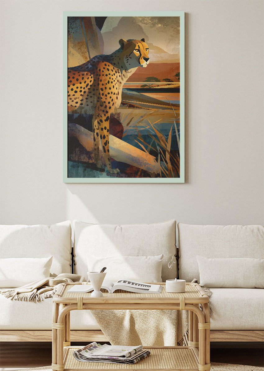 Cheetah Safari Canvas Print & Poster – Modern Wildlife Landscape Wall Art