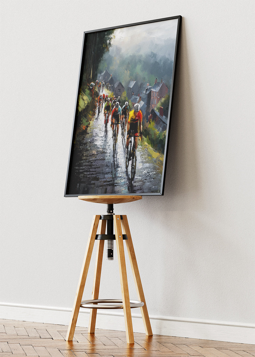 Rainy Hill Climb Cycling Art Print & Canvas – Classic European Peloton Wall Art