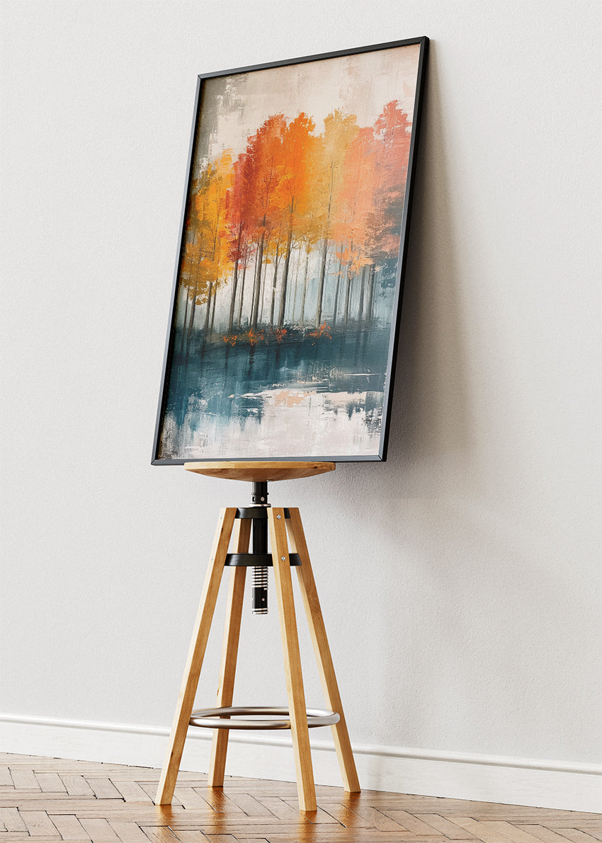 Autumn Lake Reflection Wall Art – Orange Woodland Canvas Print & Modern Abstract Forest Poster for Living Room Decor UK