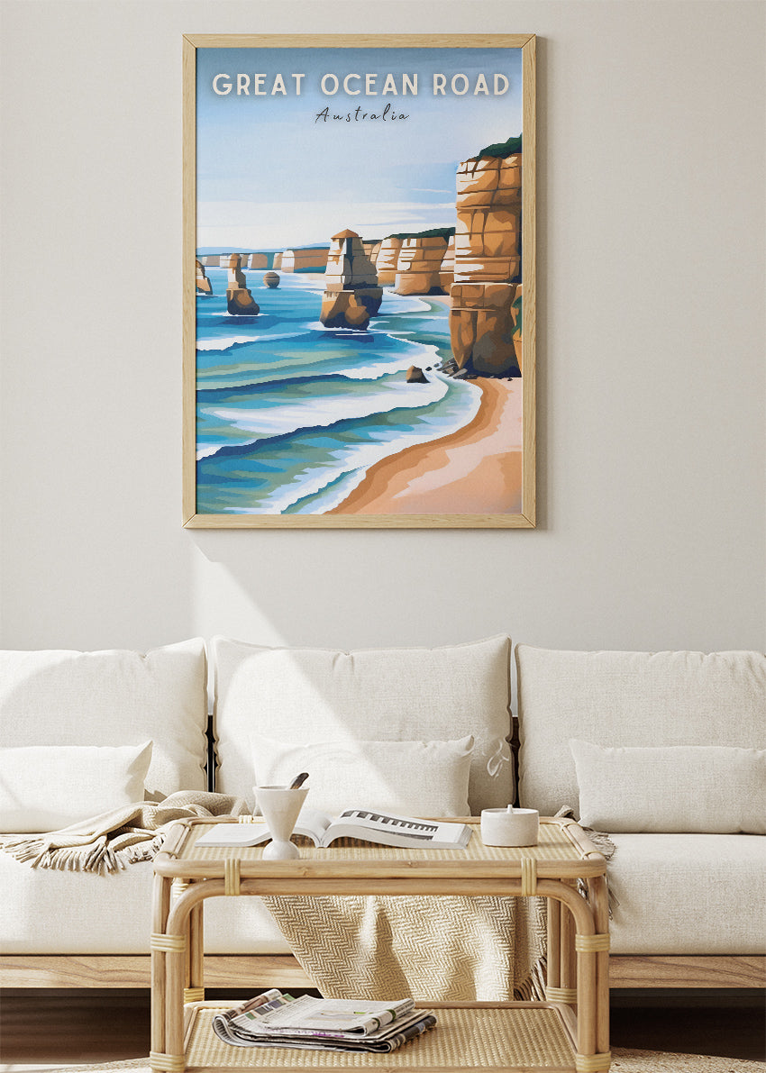 Great Ocean Road Australia Travel Poster & Canvas Wall Art – Twelve Apostles Coastal Illustration Print