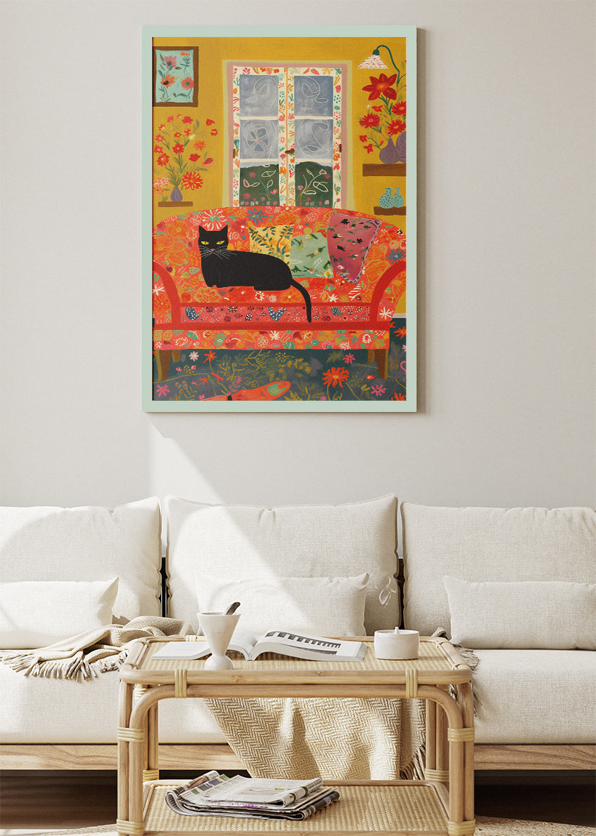 Cozy Cat Living Room Canvas Print & Poster – Colorful Home Wall Art