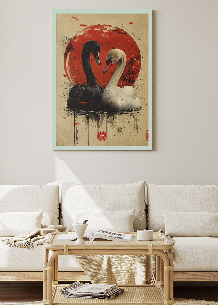 Black & White Swan Poster & Canvas Print – Japanese Red Sun Art