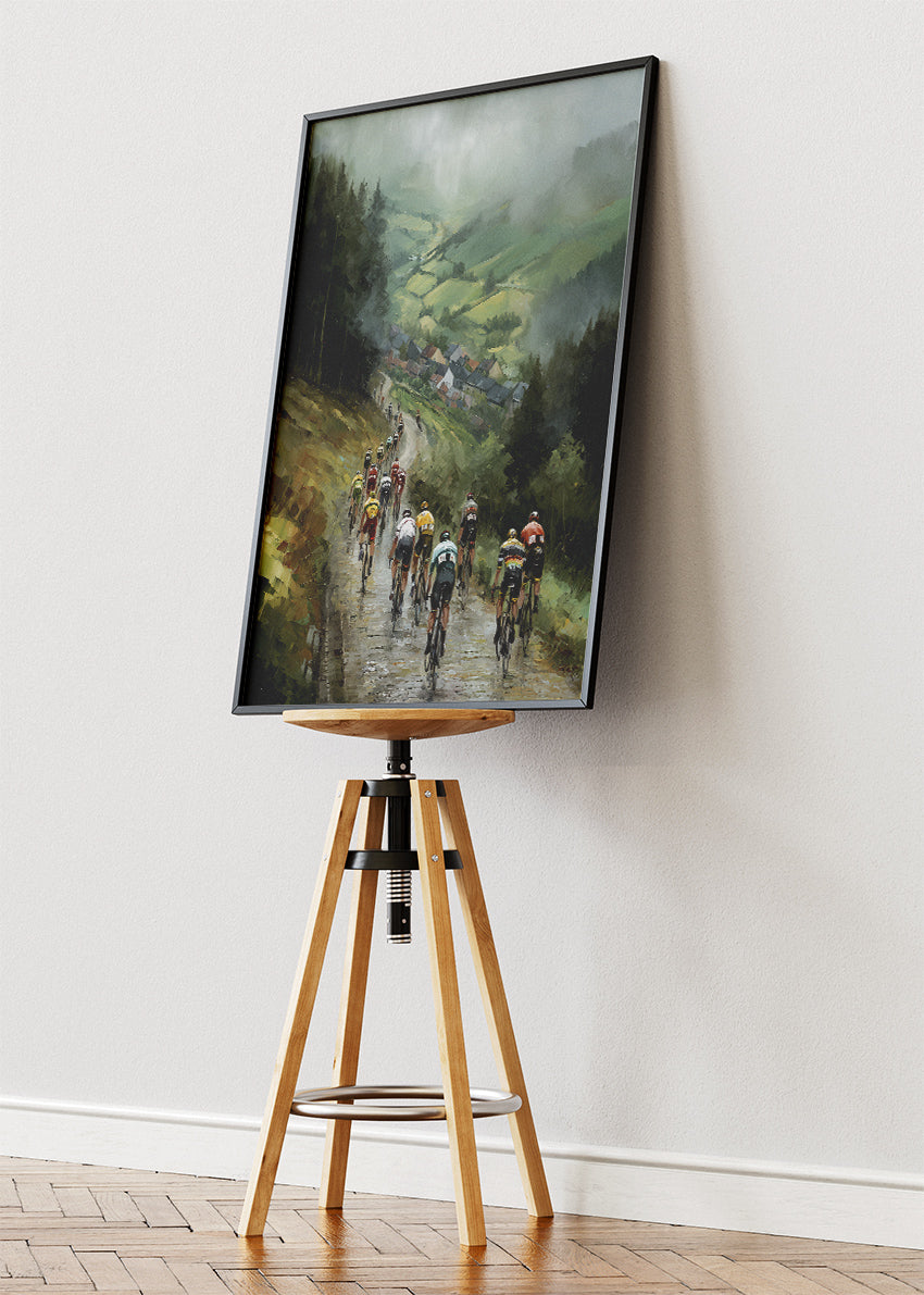Misty Valley Cycling Descent Art Print & Canvas – Atmospheric European Peloton Wall Art