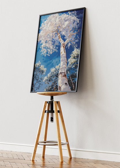 White Birch Tree Wall Art – Upward Forest Canvas Print & Modern Blue Sky Nature Poster for Living Room Decor UK