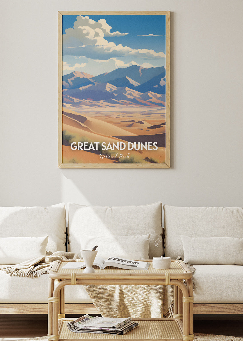 Great Sand Dunes National Park Travel Poster & Canvas Wall Art – Desert Landscape Illustration Print