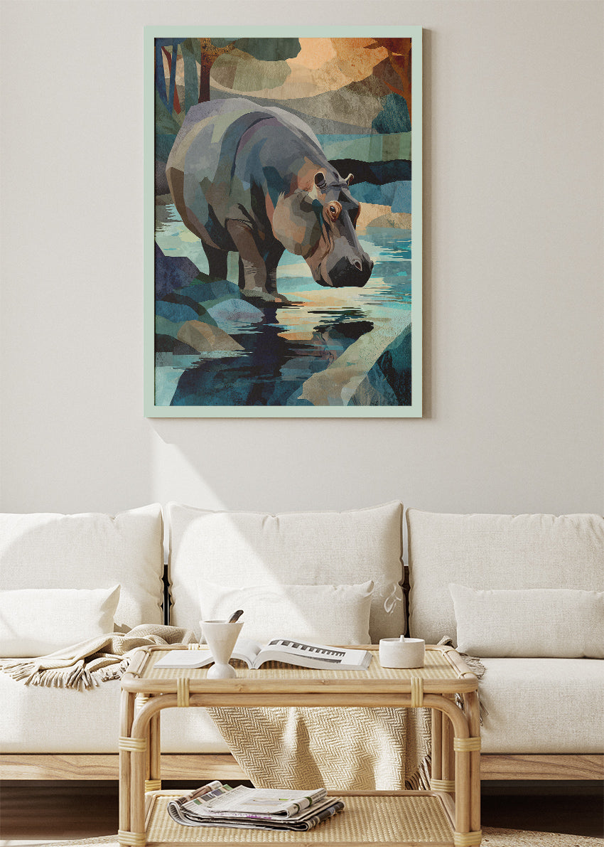 Hippo River Canvas Print & Poster – Modern Wildlife Landscape Wall Art