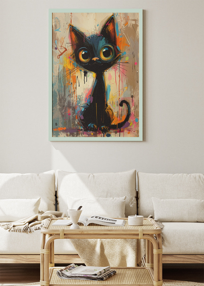 Cute Black Cat Canvas Print & Poster – Colorful Modern Animal Wall Art