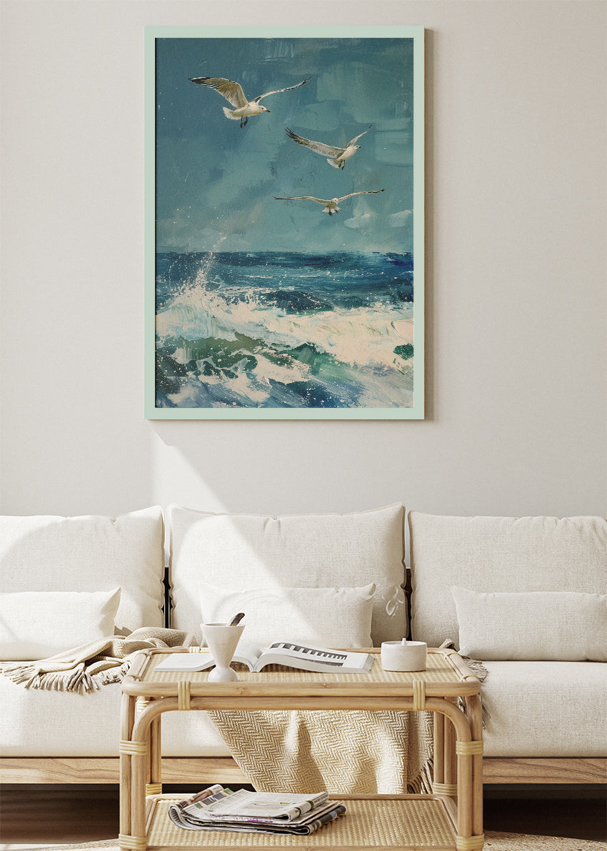 Seagulls Over Ocean Canvas Print & Poster – Coastal Sea Wall Art