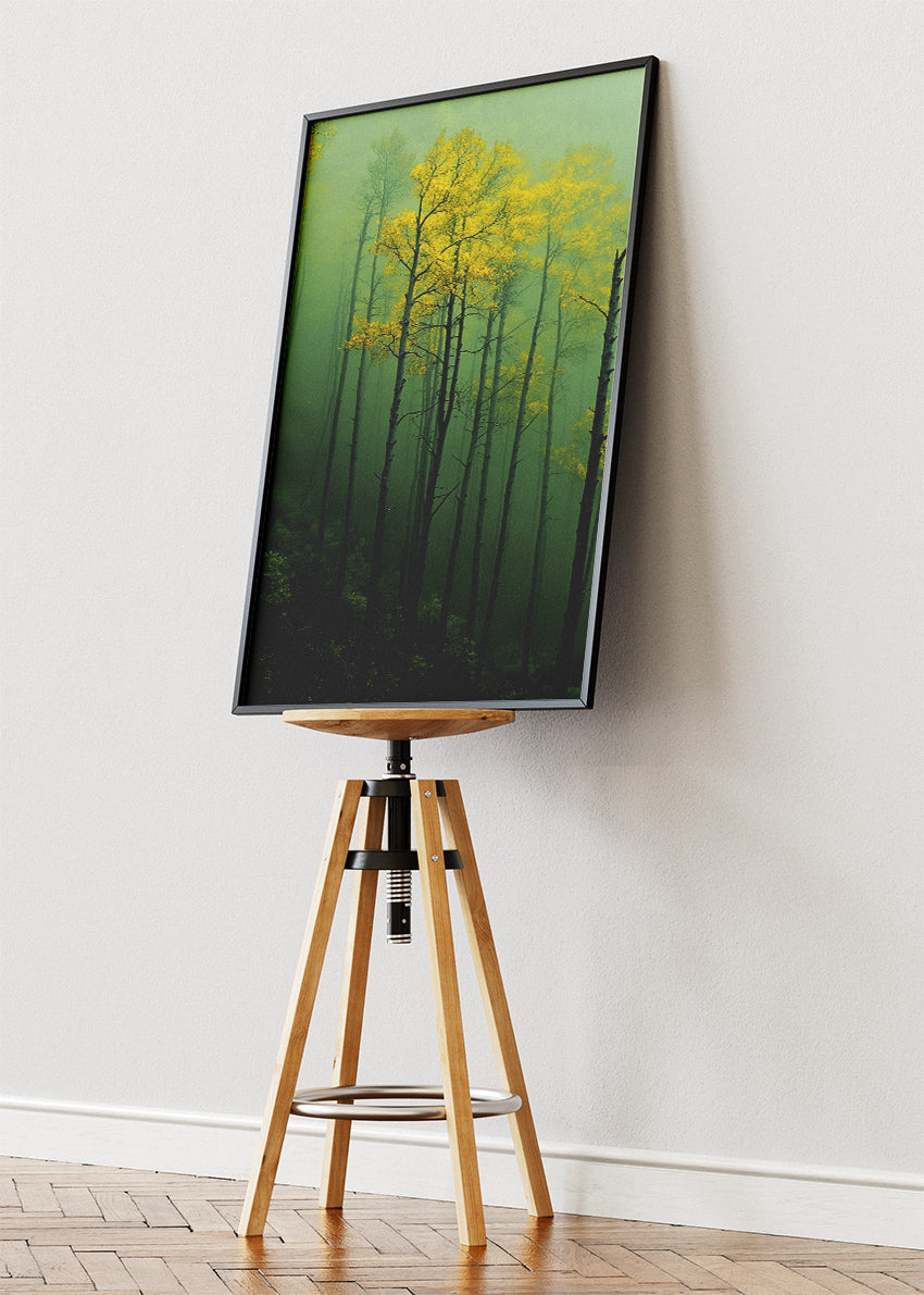 Misty Green Forest Wall Art – Moody Woodland Canvas Print & Yellow Tree Nature Poster for Living Room Decor UK