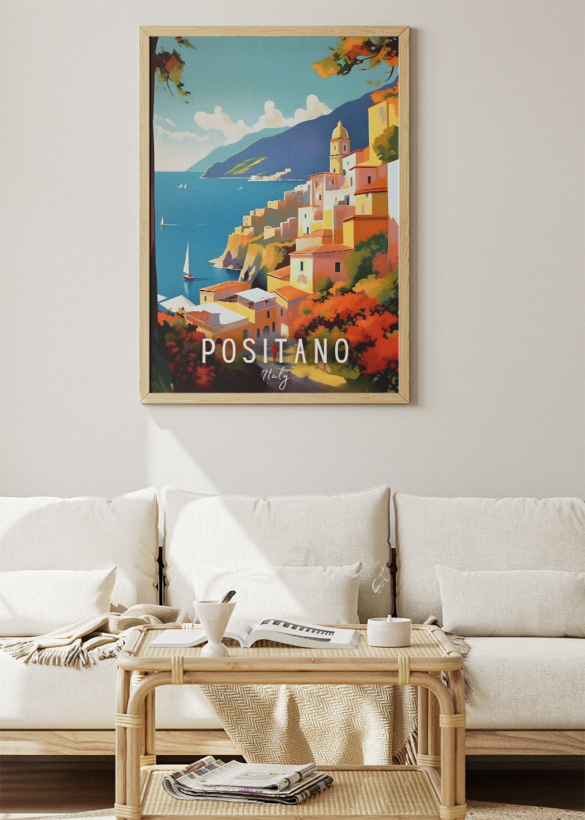Positano Italy Coastline Poster & Canvas Print – Illustrated Amalfi Cliffside Art