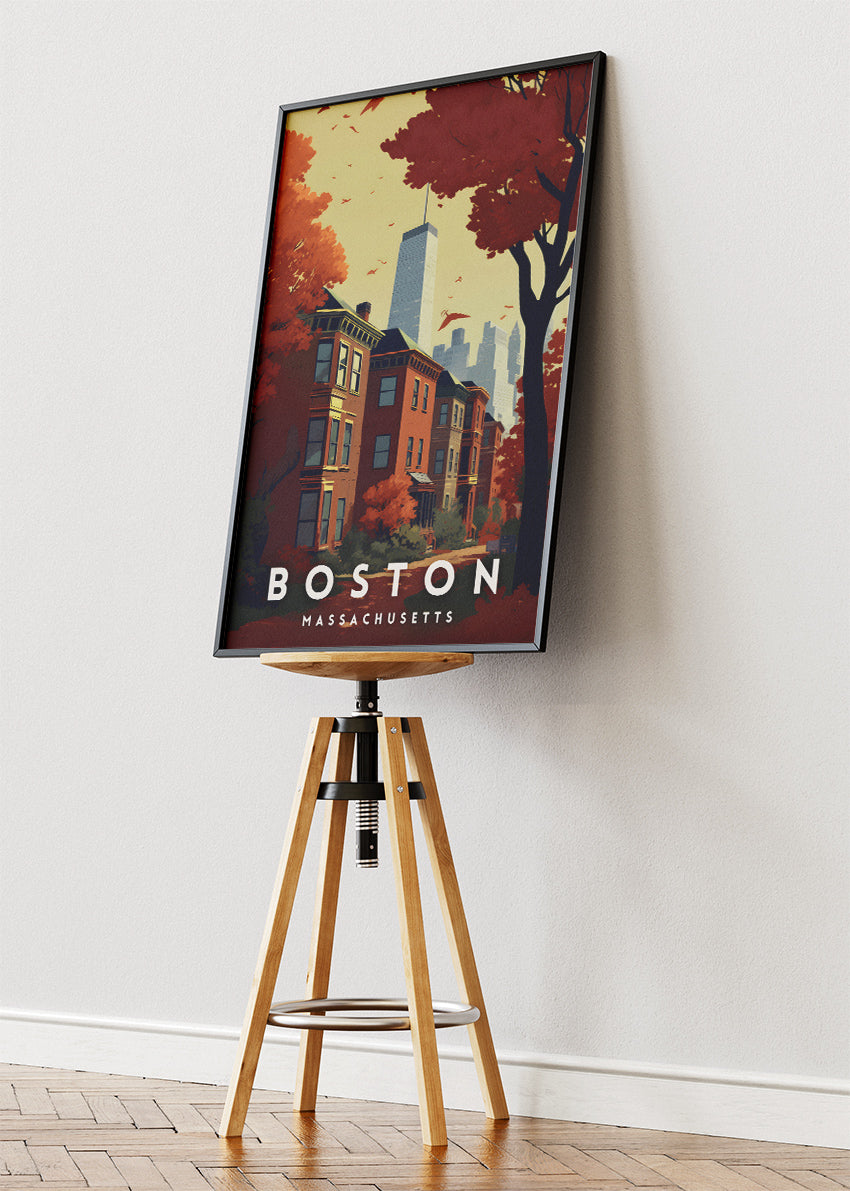 Boston Massachusetts Poster & Canvas Print – Autumn Red Cityscape Illustration