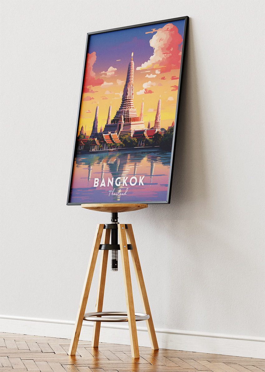 Bangkok Thailand Poster & Canvas Print – Vintage Wat Arun Sunset Travel Art