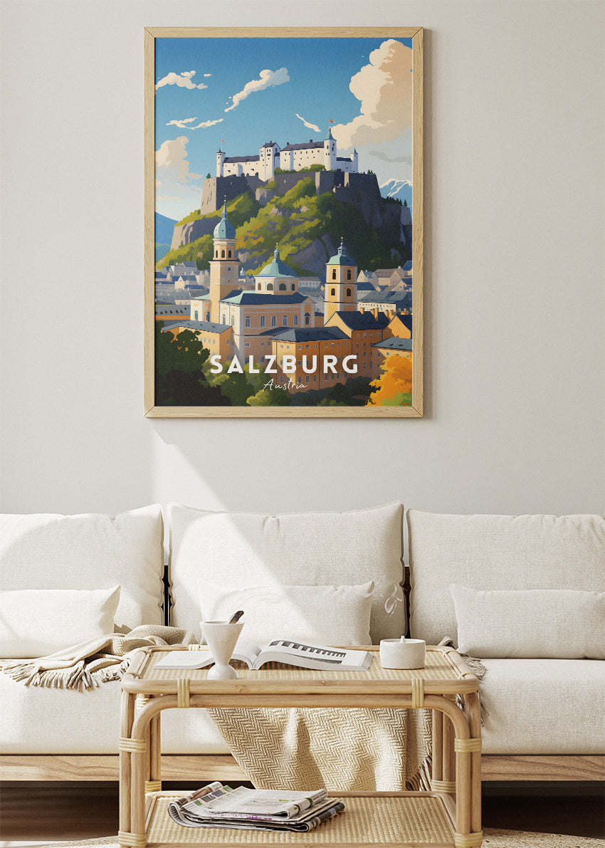 Salzburg Austria Travel Poster & Canvas Wall Art – Fortress & Old Town Landscape Illustration