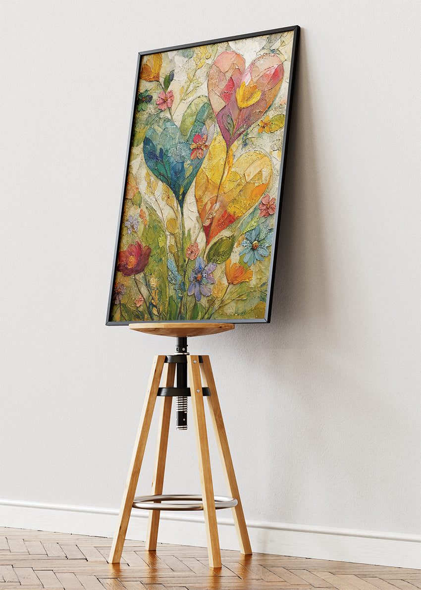 Floral Heart Wall Art – Colourful Botanical Love Canvas Print & Romantic Nature Statement Poster for Living Room Decor UK