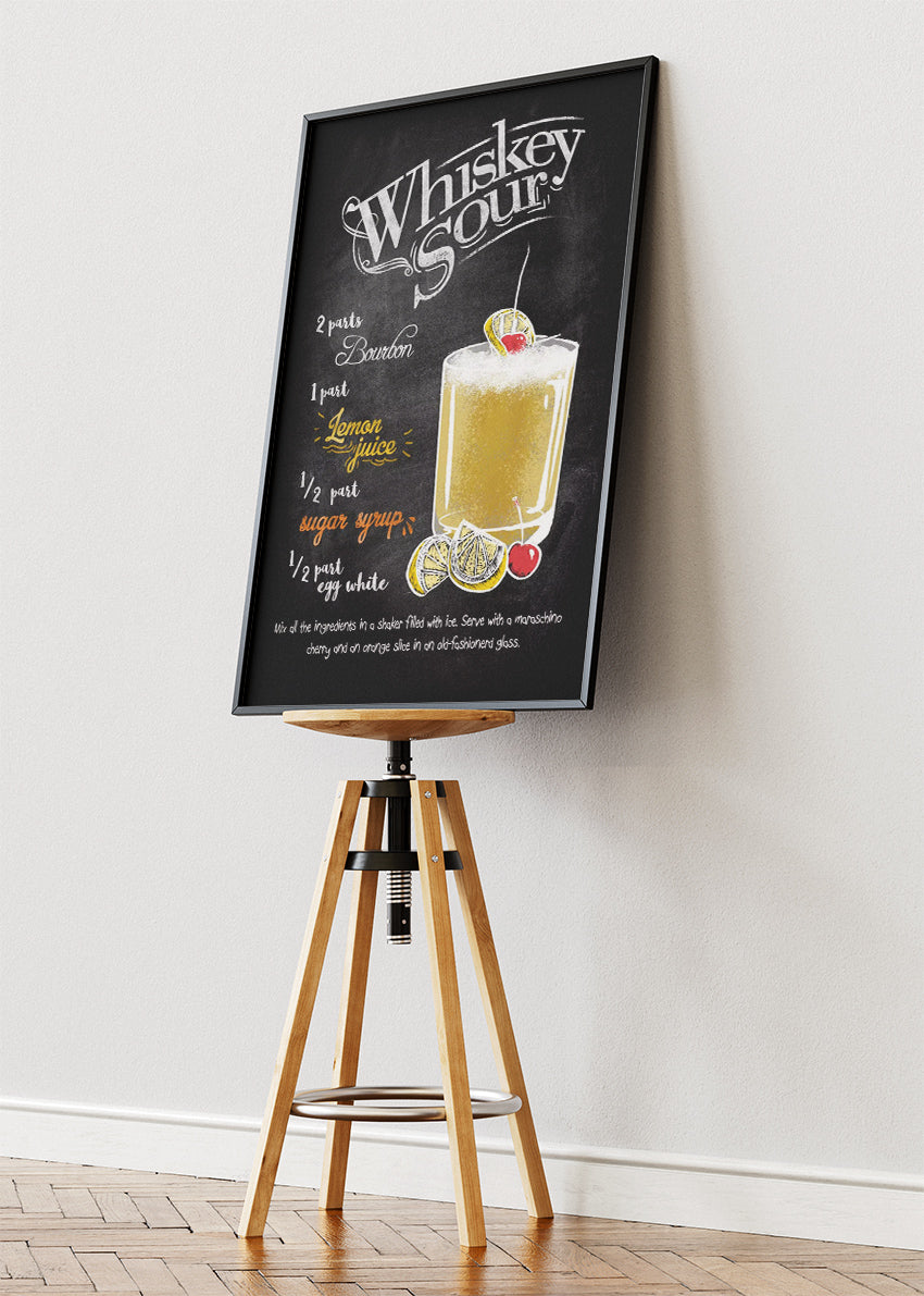 Whiskey Sour Chalkboard Cocktail Poster & Canvas Print – Vintage Bar Recipe Wall Art – AI PRINT LAB