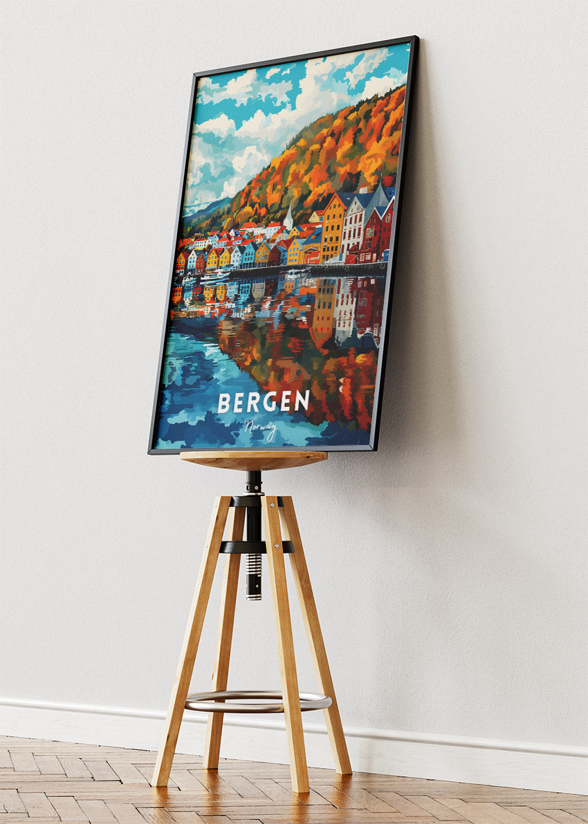 Bergen Norway Poster & Canvas Print – Colorful Waterfront Illustration