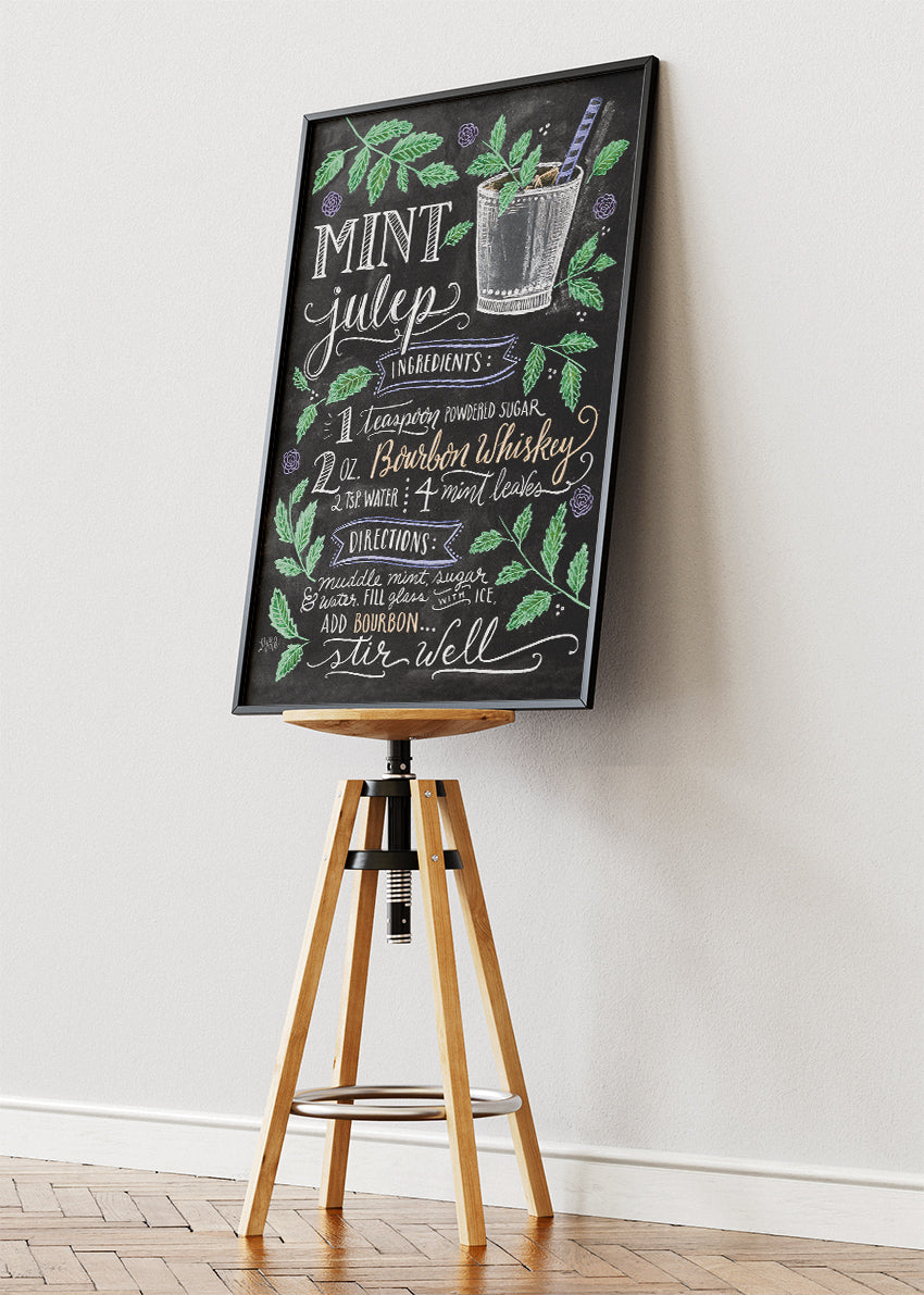 Mint Julep Chalkboard Cocktail Recipe Poster & Canvas Print | Vintage Bar Wall Art