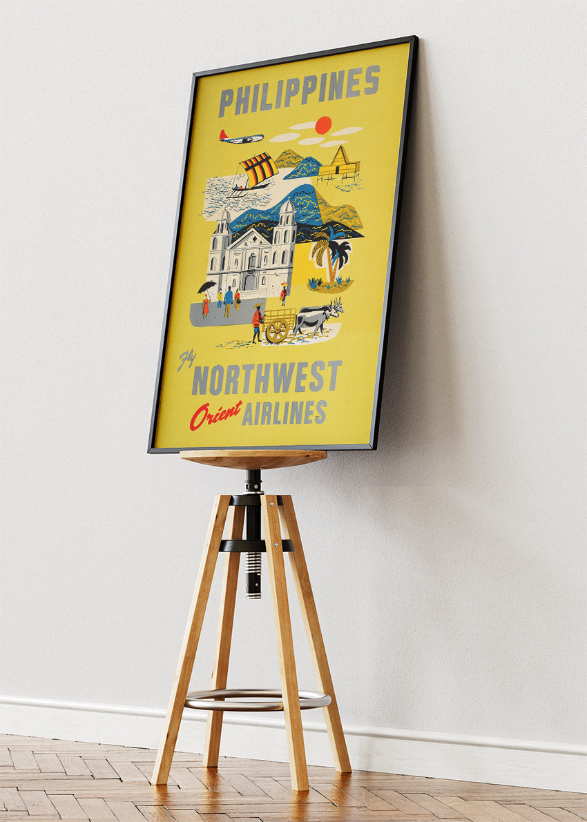 Philippines Vintage Travel Poster & Canvas Print – Northwest Orient Airlines Retro Illustration – Mid-Century Art