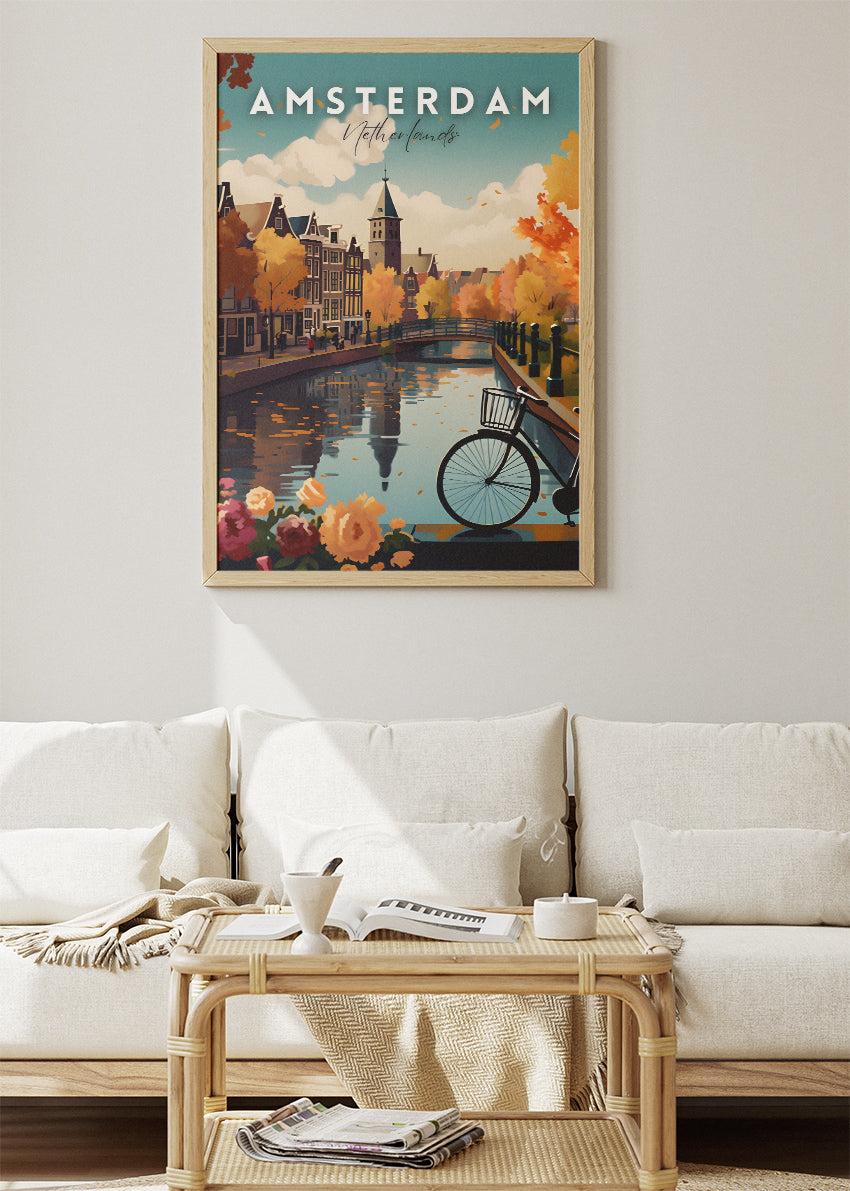 Amsterdam Canal Bridge Poster & Canvas Print – Autumn Flowers Holland Art