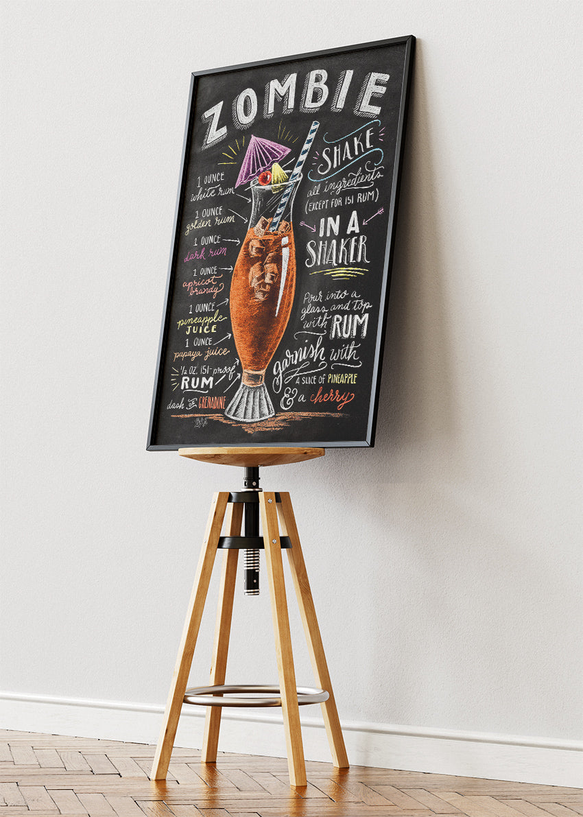 Zombie Vintage Cocktail Recipe Poster & Canvas Print | Chalkboard Tiki Bar Wall Art