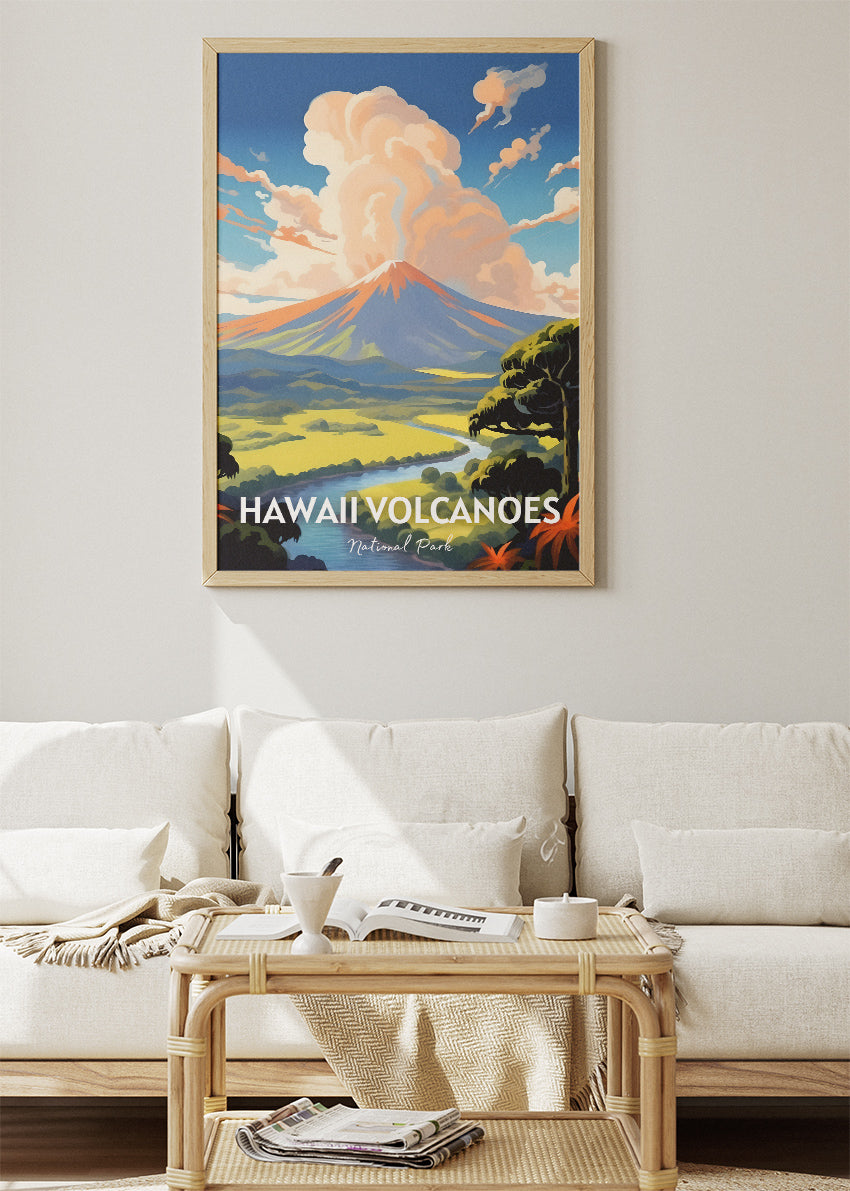 Hawaii Volcanoes National Park Poster & Canvas Print – Illustrated Volcano Landscape Art