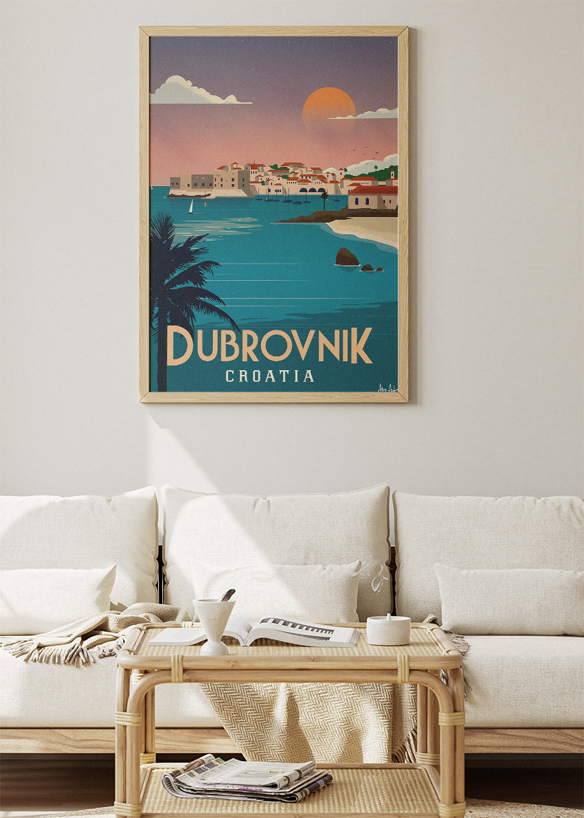 Dubrovnik Croatia Travel Poster & Canvas Print – Sunset Coastal Illustration Wall Art