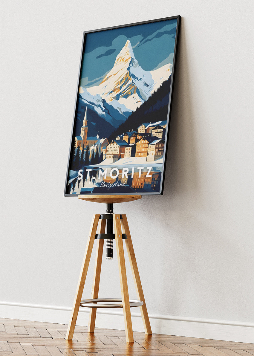 St. Moritz Switzerland Poster & Canvas Print – Illustrated Alpine Mountain Travel Art