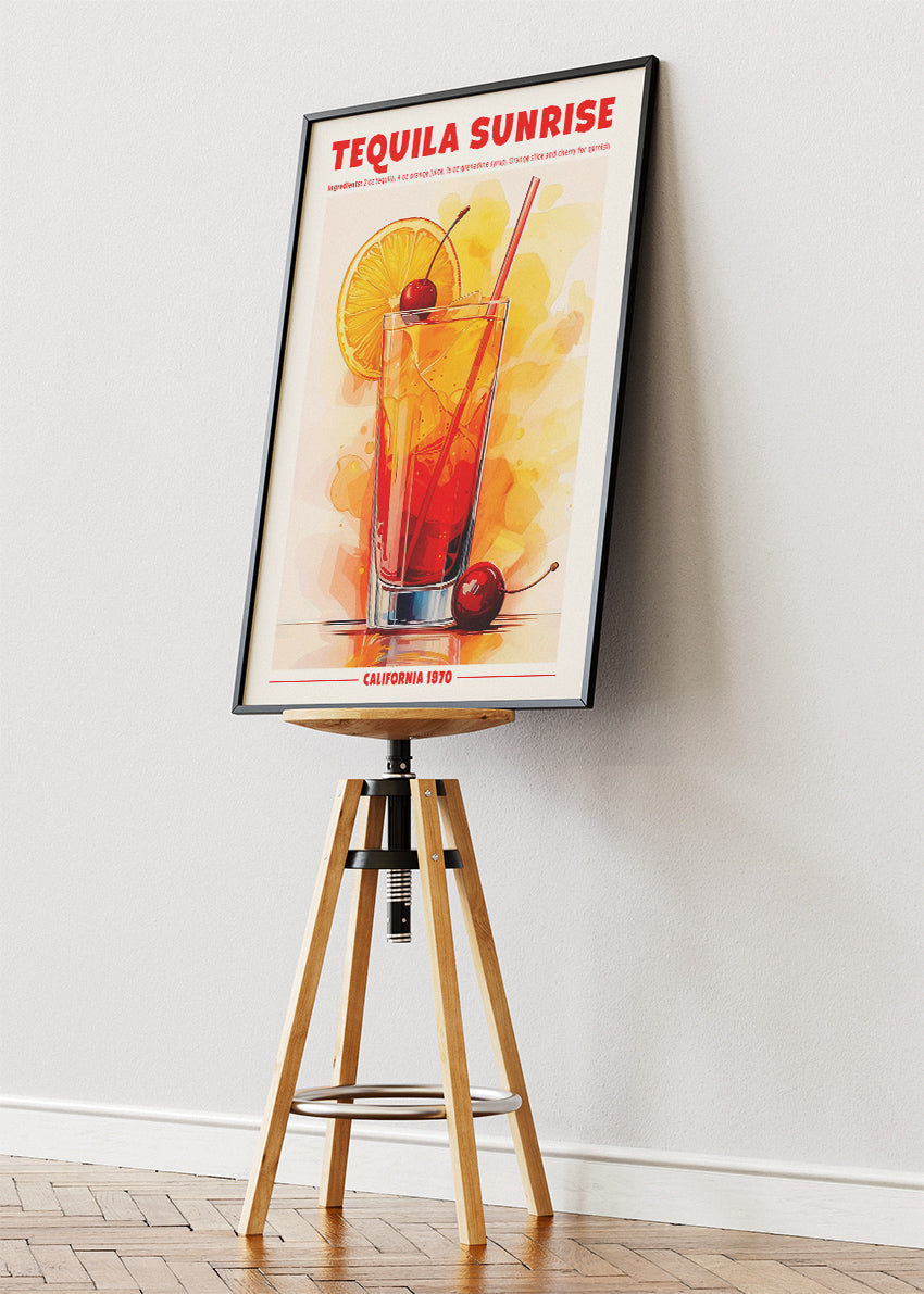 Tequila Sunrise Vintage Cocktail Poster & Canvas Print | Retro Bar Wall Art