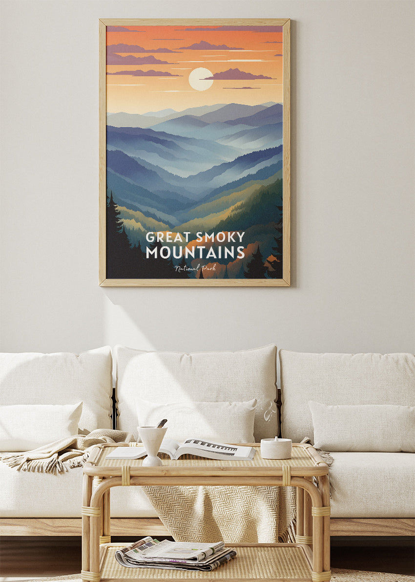 Great Smoky Mountains National Park Travel Poster & Canvas Wall Art – Misty Mountain Landscape Print
